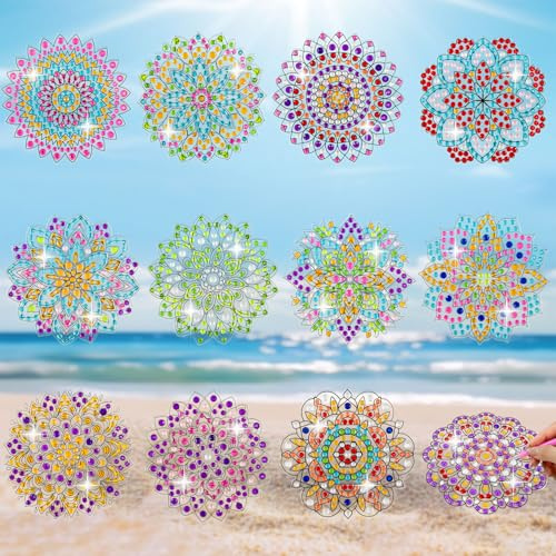 LINGFANG 12 Pcs Diamond Art Stained Glass Window Clings with Diamond DIY Pen Tools, Diamond Painting Window Stickers for Suncatchers, Diamond Art Kits for Adults, Diamond Art Accessories (Mandala 12)