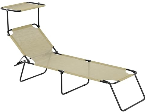 Lettino Pieghevole Con Tettuccio Regolabile Prendisole Parasole Schienale Reclinabile Regolabile Struttura In Metallo Nero Sedia Sdraio Per Spiaggia Mare Giardino Piscina 187 x 53 x 24 Cm (Beige)