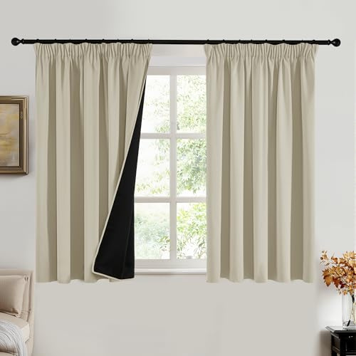 PONY DANCE 100% Blackout Thermal Insulated Curtains, 66x54, Light Beige | Pencil Pleat Rod Pocket Curtains for Bedroom and Living Room, 2 Panels, Noise Reduction, Light Blocking & Privacy Drapes