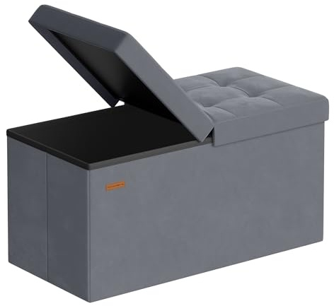 SONGMICS Sitzbank mit Stauraum, Sitztruhe, Aufbewahrungsbox, 38 x 76 x 38 cm, Deckel klappbar, bis 300 kg belastbar, Flur Wohnzimmer Schlafzimmer, Samt, schiefergrau LSF048GN01
