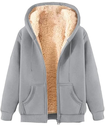 Zeiayuas Fleecejacke Damen mit Kapuze Winter Sweatjacke mit Taschen Warm Winterjacke Lässige Teddyfleece Wollmantel GroßE GrößEn Kapuzenpullover Elegant Einfarbig ÜBergangsjacke ReißVerschluss Jacke