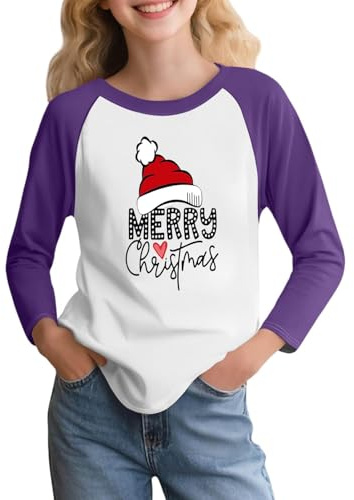 Kids Christmas Shirts Boys,Girls Christmas Shirt - Unisex Child Holidays Tops Funny Xmas Tree Print Raglan Long Sleeve Loose Blouse,6-7 Years,02-Purple