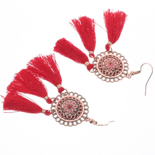 IMIKEYA Boucles D’Oreilles Pendantes Rouges à Longs Pompons Bijoux Ethniques Bohèmes en Alliage Léger Style Tribal Folklorique pour Festival Chinois et Nouvel An Lunaire 1 Paire