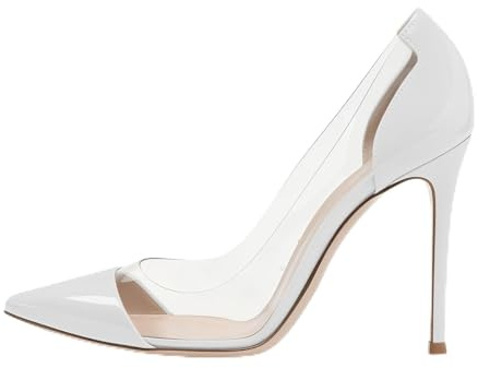 Mettesally Tacones Mujer Blanco 10cm Stiletto Zapatos Tacon Mujer de Charol y PVC Transparente Elegantes de Salón Comodos Vestir con Punta Fina para Oficina Día a Día y Eventos de Noche 38