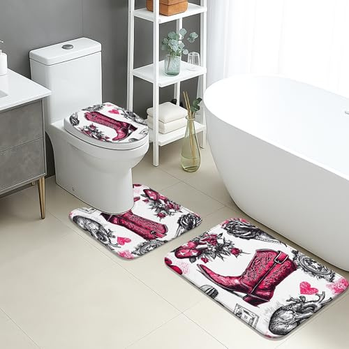 3 Piezas Juego De Alfombra De Baño Flower Vintage, Melocotones Y Botas De Vaquero Alfombra De Contorno Decorar Antideslizantes Alfombras De Cama, para Cocina, Bathroom, Dormitorio