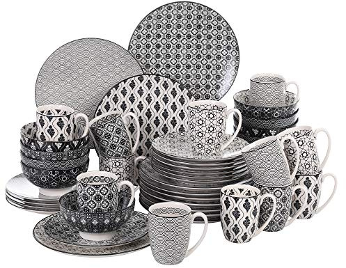 vancasso Haruka Vajilla de Porcelana, Juego de Vajillas Combi de 48 piezas 12 Tazas de Café/Tazones de Cereales/Platos de Postre/Platos de Comedor servicio para 12 Personas
