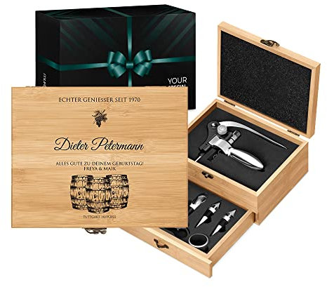 Maverton Weinöffner-Set personalisiert Weinset Sommelier Set - Geschenkbox Holzbox + 8er Weinzubehörset - aus Bambus - Braun - Geschenk zum Geburtstag für Männer - Echter Genießer
