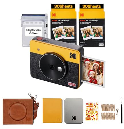 KODAK Mini Shot 3 Retro 4PASS 2-in-1 Instant Camera and Portable Photo Printer (7.6 x 7.6 cm) plus Gift Package with 68 Sheets, Yellow