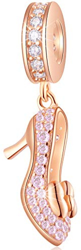 Zapato De Tacón Alto Con Brillo De Oro Rosa CZ Charms Con Bowknot, Plata esterlina 925 Stiletto granos fit Pandora pulsera de viaje, regalo para fiesta/esposa/mejor amigo/cumpleaños