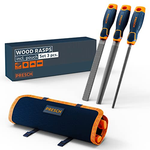 Presch Wood Rasp Set 3pcs. with bag - Wood Rasp Set incl. Flat Butt rasp, Half Round and Round rasp - Professional Cut 2 File set with 200mm for Wood - Rasp file