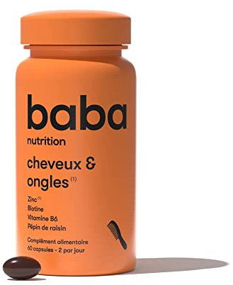 Baba Nutrition Complément Alimentaire Pour La Croissance Des Cheveux Et Des Ongles | Soins Capillaires | Zinc, Biotine, Vitamine B6, Huile de Pépins de Raisin | 60 gélules