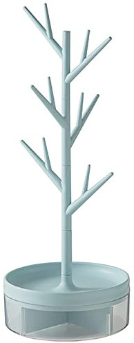 HCLRW Rotating Jewelry Organizer Stand, 3 in1 Jewelry Tree Stand, Necklace Holder Display with Acrylic Tray for Earrings Necklaces Bracelets Watches Rings -14.56 Inch High (Blue