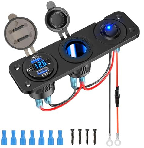 Linkstyle Panneau de prises USB, Répartiteur Allume-Cigare, Double Chargeur QC3.0 USB A et USB C avec Voltmètre LED pour Voiture 12V/24V