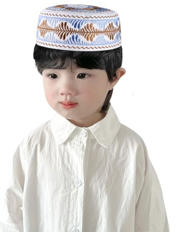 SIQITECH Bonnet de Prière Respirant Musulman Bonnet Brodé pour Garçon Calotte Musulmane Calotte de Prière Plat Chapeau en Polyester Doux Islamique Chapeau Turban Traditionnel pour l'Aïd Ramadan
