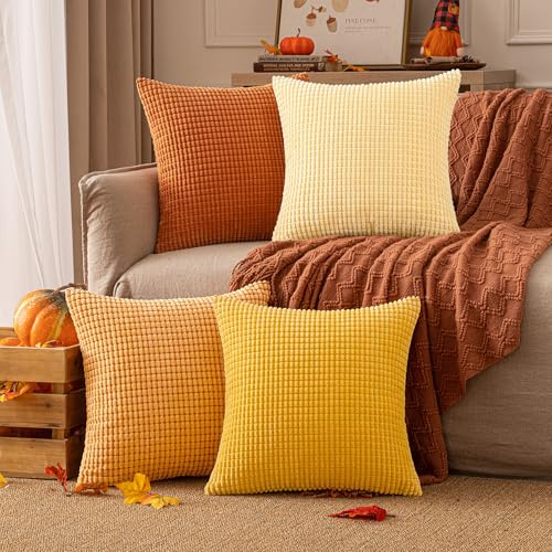 EMEMA Kordsamt Kissenbezug 4er Set Herbst Dekokissen Granulat Sofakissen Dekorative Kissenbezüge Couchkissen Kissenhülle Weich Kissen Bezug Zierkissen für Sofa Couch Wohnzimmer 40x40 cm Orange Serie