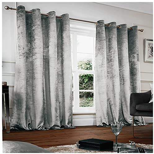 GC GAVENO CAVAILIA Crushed Velvet Eyelet Curtains, Grey, 66X90 Inch | Luxury Fully Lined Ring Top Curtains, Thermal Insulated, Energy-Efficient Drapes For Bedroom, Door Curtains