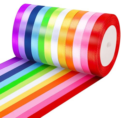 FIHODONE 12 Farben Geschenkband, Polyester Satinband 22m X 10mm, Satinband Schleifenband Geschenk Verpackung, Seidenband Schleifen, Satinbänder für Heimwerkerkunst, Seidenbänder Bunt für Geschenk