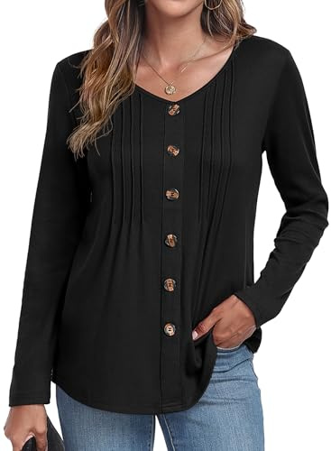 GRECERELLE Tunique Femme Chic Et Élégant Tee Shirt Manche Longue Femme Décontracté Haut Blouse Col V avec Boutons