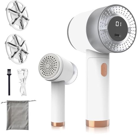 Levapelucchi Elettrico,Display Digitale LED,Rimuove i Pelucchi per 3 Livelli di Potenza Regolabili,Taglia Pelucchi a 6 Lame,per vari Tessuti,Bianco