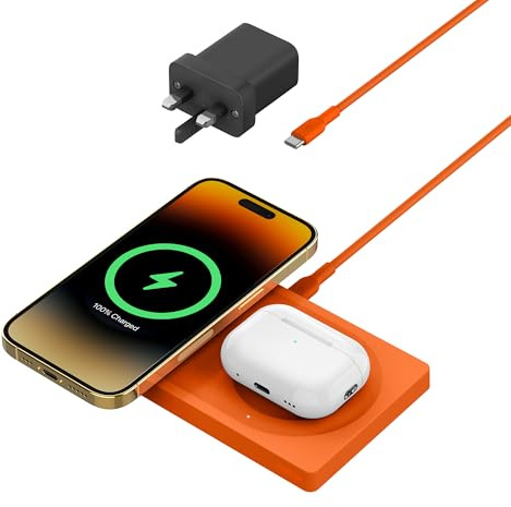 Belkin BoostCharge Pro 2-in-1 MagSafe Charger, Wireless Charging Pad with 15W, iPhone fast charger compatible with iPhone 16, 15, 14, 13, 12 Series, AirPods, and other MagSafe enabled devices - Orange