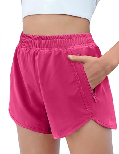 Arshiner Shorts Niñas Rosa Rojo Verano Pantalones Cortos Deportivos Short para Niños Shorts Entrenamiento con Forro Malla Pantalones Cortos Ciclismo con Bolsillos con Cremallera 11-12 Años