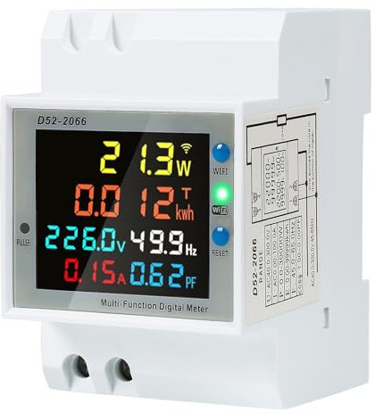 DewinLVD Compteur D'électricité Rail Chapeau 6 en 1, WiFi Compteur D'énergie Numérique 1 Phase 2 Conducteurs avec écran LCD Voltmètre Ampèremètre Numérique pour Rail DIN Compteur KWh AC40-300V 100A