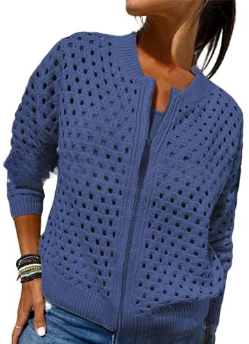 Whimsyard Giacca da donna lavorata a maglia con cerniera e ritagli, cardigan maglione da donna con cerniera all'uncinetto, top in maglia traforata da donna, top all'uncinetto capispalla lavorato a