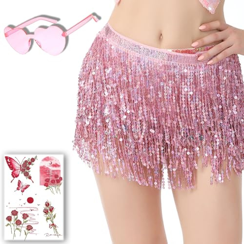 XcnPer Pink Sequin Skirt, Sparkly Skirt for Women, Belly Dance and Zumba Costume, Festival and Club Outfit with Glasses and Tattoo Sticker
