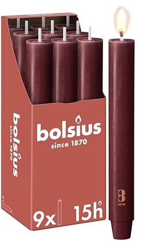 Bolsius - Vela XL rústica - 23 x 3 cm - Rojo burdeos - En caja de 9 unidades - Duración de combustión 15 horas - Sin perfume - Contiene cera vegetal natural - Sin aceite de palma