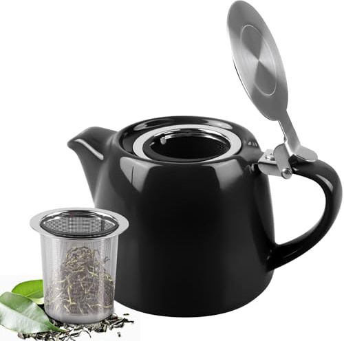 Teiera in Porcellana, 510 ml Teiera in ceramica, Nera Semilucido, Classica con Infusore Rimovibile in Acciaio Inox con Colino per La Casa e l'ufficio per Tè Aromatizzato e Tè Sfuso