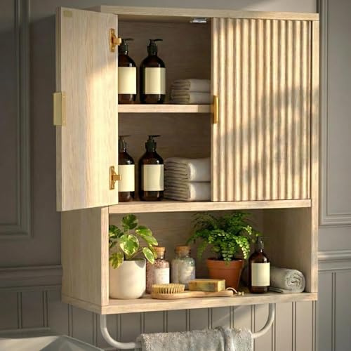 Bathroom Wall Cabinet No Mirror – Fluted Wood Medicine Cabinet with Towel Bar, Surface Mount Storage Organizer Over Toilet, Rustic Farmhouse Hanging Cupboard with Doors for Over Sink (Natural Oak)