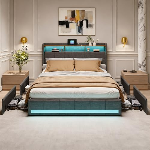 Bett 180x200, Polsterbett Doppelbett mit LED und USB, 4 Schubladen, Kopfteil mit Stauraum, Boxspringbett Bettgestell mit Lattenrost, Modern Jugendbett Erwachsenenbett, Leinen, Grau, Ohne Matratze