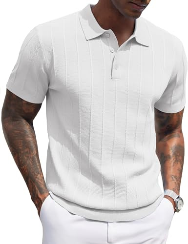 COOFANDY Hombre Polo Manga Corta Tejido Verano Vacaciones Casual Botones Elástico Ajuste Regular Diseñador Blanco S
