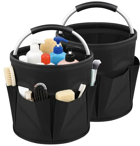 Vibrivio Organizador de Limpieza Plegable de 2 Piezas, Cubo 17L con Asa y 6 Bolsillos, Bolsa Almacenamiento de Tela Oxford 600D Impermeable, Cubo Portátil Multiusos para Hogar, Baño, Jardín,Negro