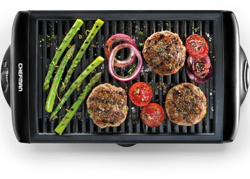 Chefman Electric Smokeless Indoor Grill w/ Non-Stick Cooking Surface & Adjustable Temperature Knob from Warm to Sear for Customized BBQing, Dishwasher Safe Removable Water Tray, Black