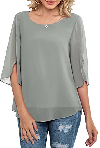 Neineiwu Women's Loose Casual 3/4 Sleeve Chiffon Top T-Shirt Blouse (Grey XXL)