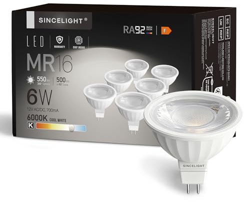 SINCELIGHT 12 V MR16 (GU5.3) LED reflektor Ø50 mm spotglödlampa med GU5.3 bas, 6 watt, 500 lumen, 50 W halogen ekvivalent, 6000K (kollvit), hög färgåtergivning RABETSDATTNING: 92, 38° strålvinkel, paket med 6