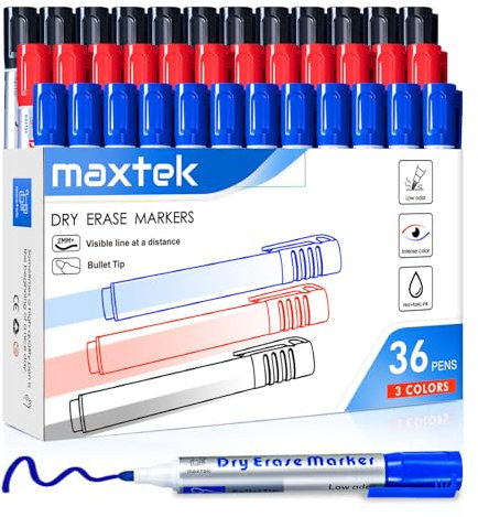 maxtek Whiteboard Marker, Whiteboard Stifte Abwischbar, Rundspitze ca.2-3mm Linienbreite, Set mit 3 Farben hohe Qualität Tinte, Zubehör für Schule, Büro, Zuhause (12 rot +12 blau + 12 schwarz)
