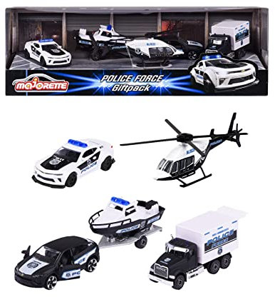 Majorette - Police Force Polizei-Fahrzeuge - Geschenk-Set mit 4 Spielzeugautos für Kinder ab 3 Jahren, Polizeiauto, Polizei-LKW, Polizei-Hubschrauber & Polizei-Anhänger mit Boot