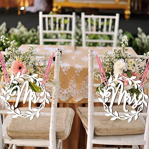 1 Paar Mr and Mrs Stuhlschilder Holz Braut und Bräutigam Schilder Dekoration Stuhl Rücken Hängende Anhänger mit Band Hochzeit Hängeschild für Hochzeit Feier Antrag Jahrestag Party Valentinstag Weiß