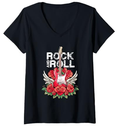 Femme Lets Rock & Roll Vintage Guitares électriques Rock Concert T-Shirt avec Col en V