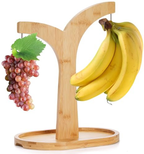 Eorbow Bamboo Banana Holder, Wooden Banana Hanger Tree with 2 Stainless Steel Hooks, Banana Hook Stand Rack to Keep Fruits Fresh for Kitchen Countertop