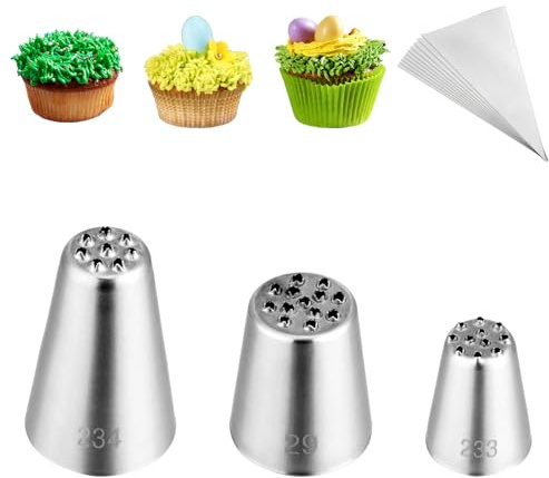 Kasmoire 3Pcs Grass Icing Nozzles Set,Stainless Steel Grass Piping Tip with 10Pcs Disposable Piping Bags,Cake Decorating Tips For Baking Decorating