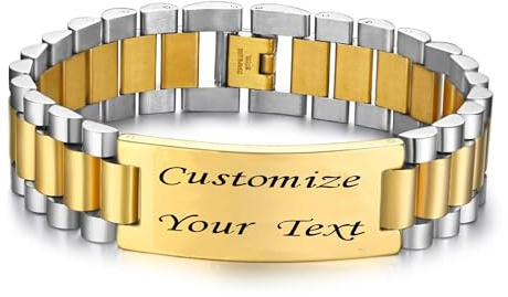 Enni of York Custom Dad Bracelets, Engraved Mens Link Bracelets with Name, Stainless Steel Masculine Gift for Dad Grandpa, Fathers Day Birthday Bracelet Jewelry from Daughter Wife(Gold&Silver5-1.5cm)
