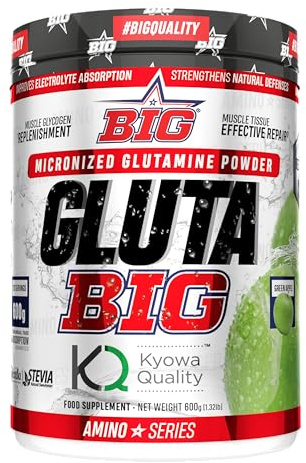 BIG - Glutamina - L Glutamina Micronizada Kyowa® para Recuperación Muscular - L-Glutamina Kyowa ® - L-Glutamina Materia Prima Premium Sabores Exclusivos - 3 meses de suministro (600g, Green Apple)