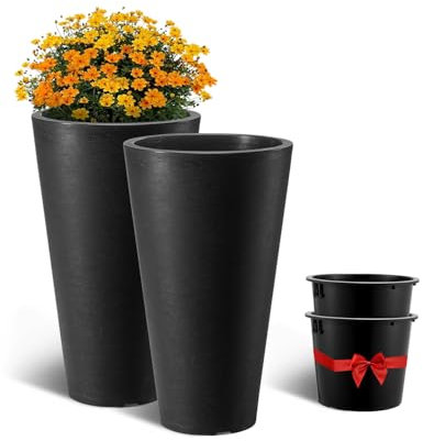 VEVOR Pot de Fleurs, Lot de 2, Grande Jardinière Plantes Conique 590 mm, Design Moderne, Système de Drainage Efficace, avec Bac Plantation, pour Jardinage de Porche, Patio, Extérieur, Intérieur, Noir