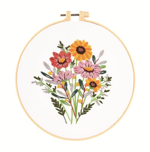 Huacan Kit de Broderie pour Adultes Débutant 1 Pièce Pré - Imprimé Fleurs Embroidery Starter Kits D'aiguilles de Fils de Couleur 29 x 29 cm