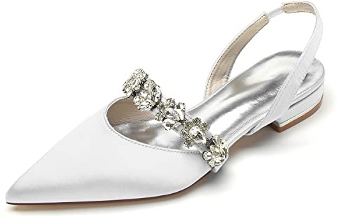 EICOFF Zapatos Planos de Boda para Mujer Satén Punta Cerrada Ballet Bailarinas Zapatos de Novia Tacón Bajo Diamantes Sandalias de Vestir