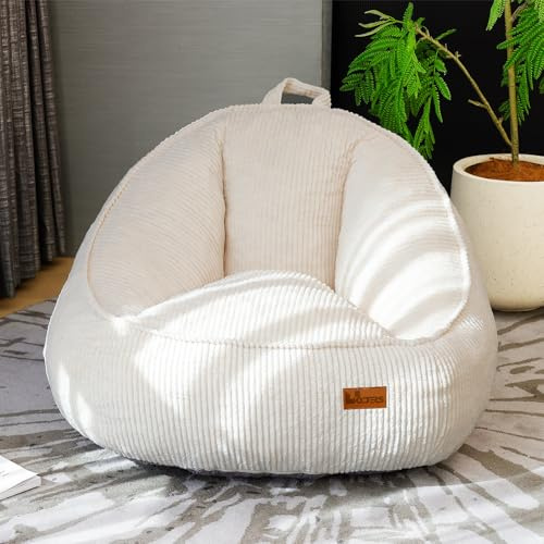UODERS Bean Bag Chair for Teens & Kids, Corduroy Sofa Chair with Handle for Reading, Gaming, Cute Boneless Beanbag Sofa with Foam Filling, Floor Couch for Living Room & Bedroom(White-M)