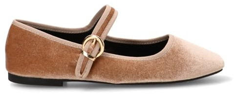 Etika Bailarinas de Punta Fina para Mujer, Zapato Plano Elegante con Múltiples Pulseras al Tobillo y Cierre de Hebilla, Acabado en Antelina, Modelo 63307 Arena - 37